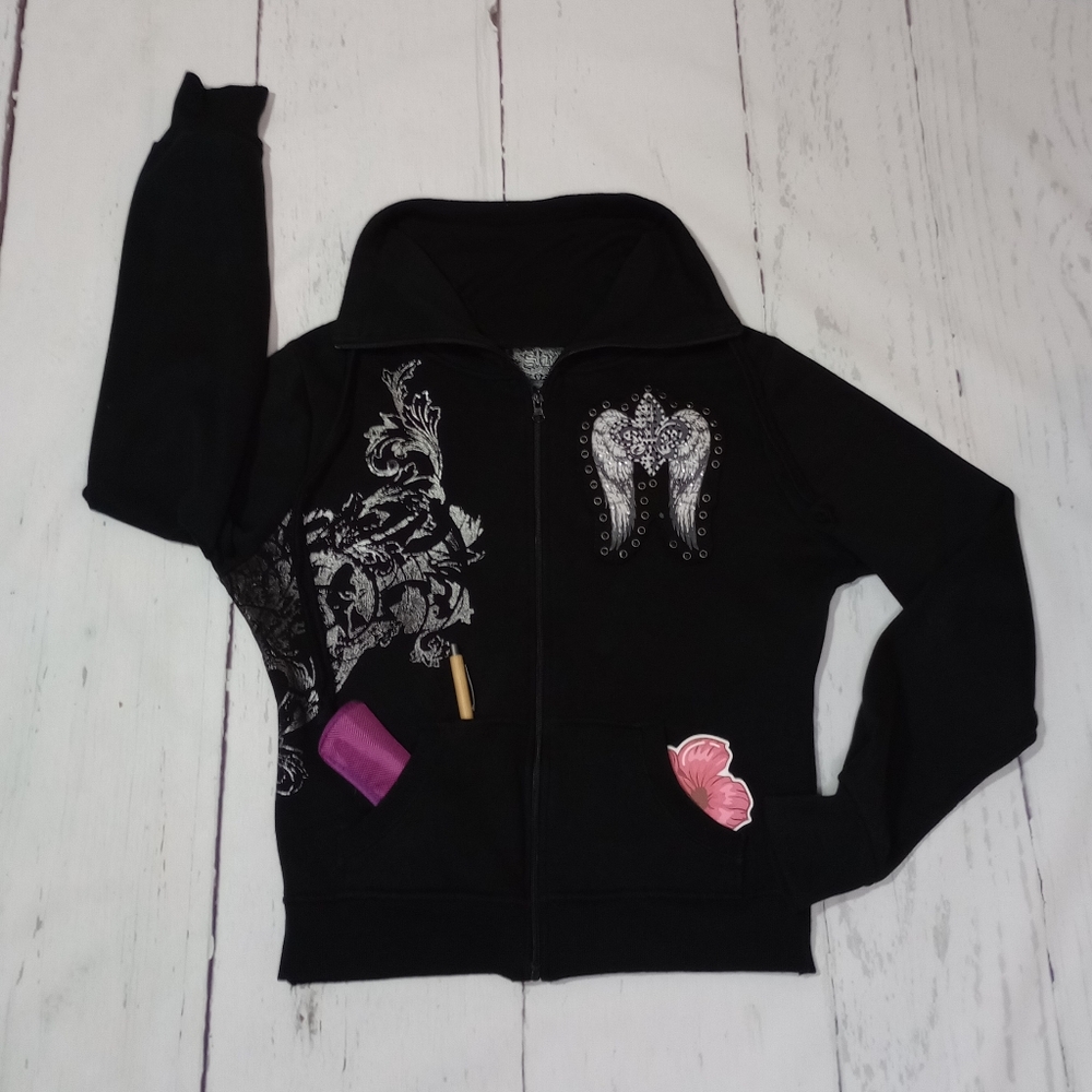 SOHO BABE Black Cowl Neck Full Zip Silver Fleur De Lis Sweatshirt L - Picture 7 of 17